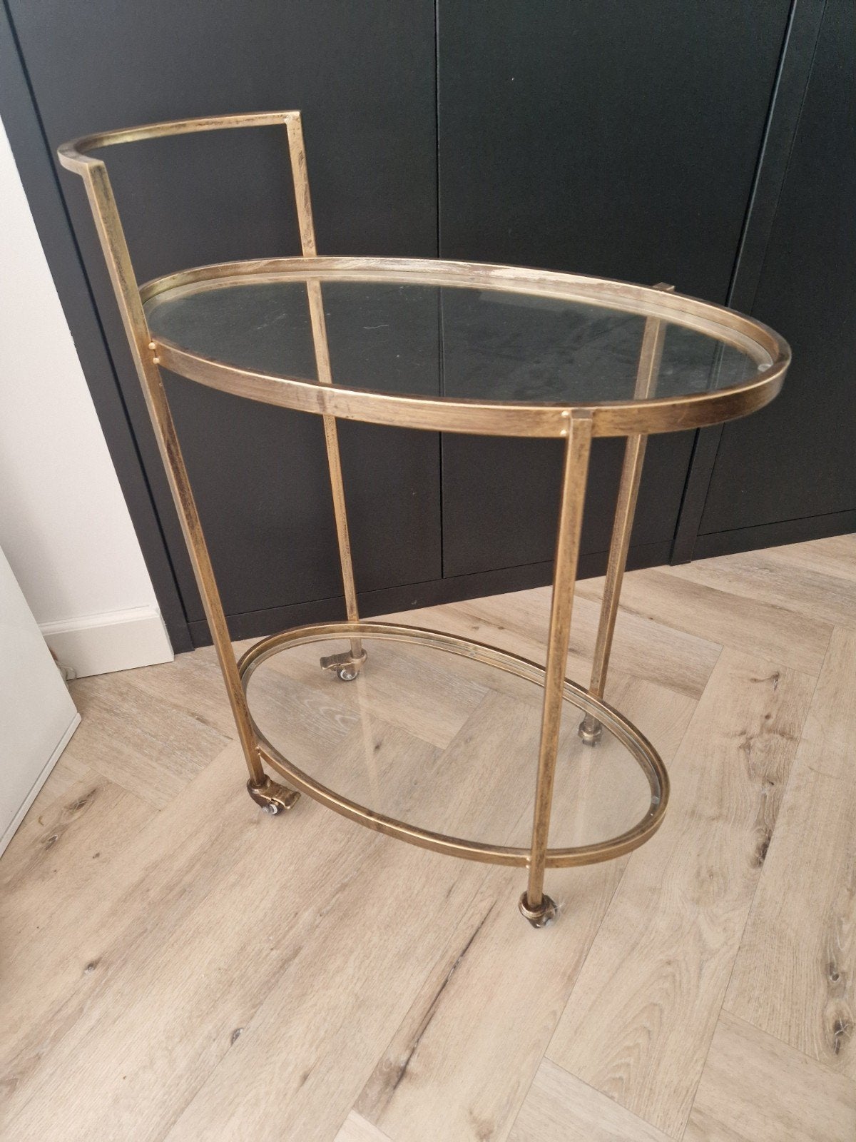 Glazen trolley, serveerkar, bijzettafel, bar, Ophalen, 55 tot 75 cm, Glas, Zo goed als nieuw