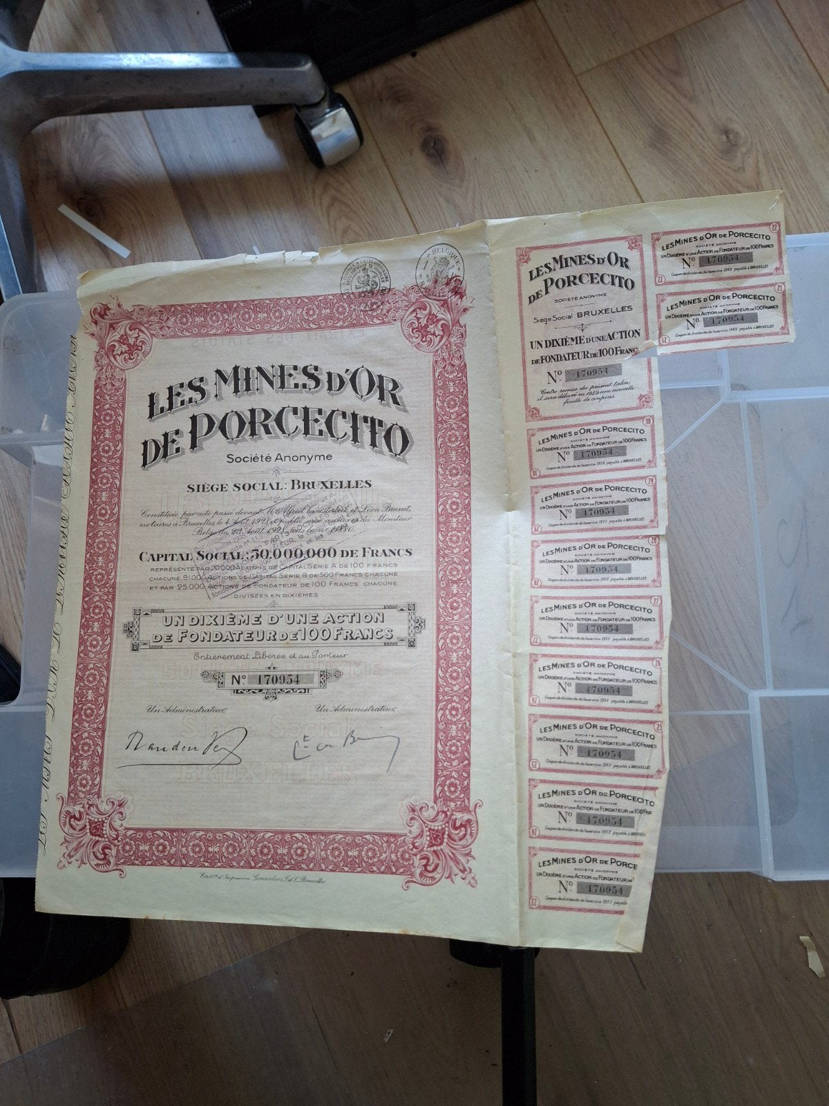 Historisch aandeel 'Les Mines d'Or de Porcecito' (1920-1950), Ophalen of Verzenden, 1920 tot 1950, Aandeel