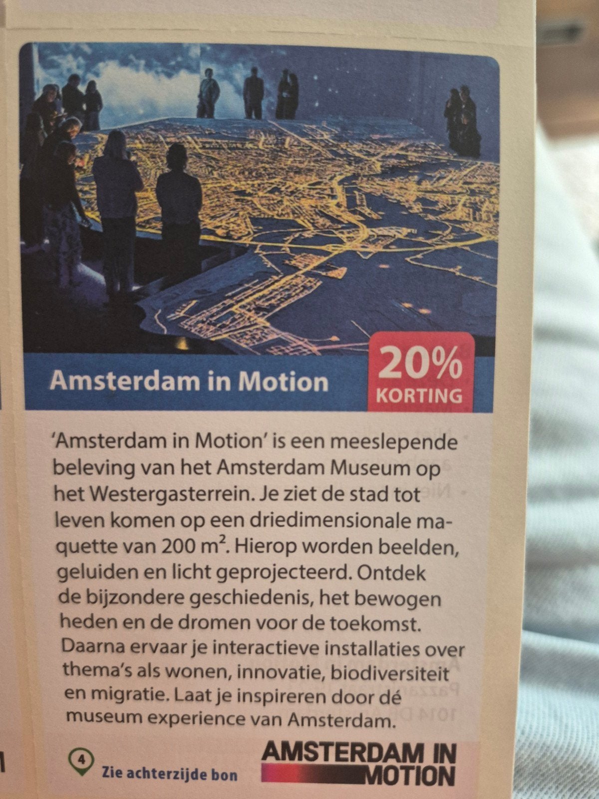Amsterdam in motion 20% korting, Tickets en Kaartjes, Eén persoon, Kortingsbon