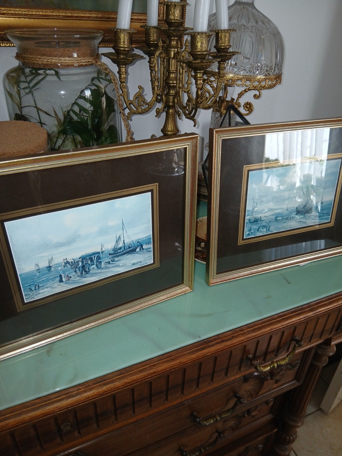Set van 2 ingelijste maritieme prenten van schilderijen, ges, 1960 tot 1980, Ophalen of Verzenden, Zo goed als nieuw, Prent