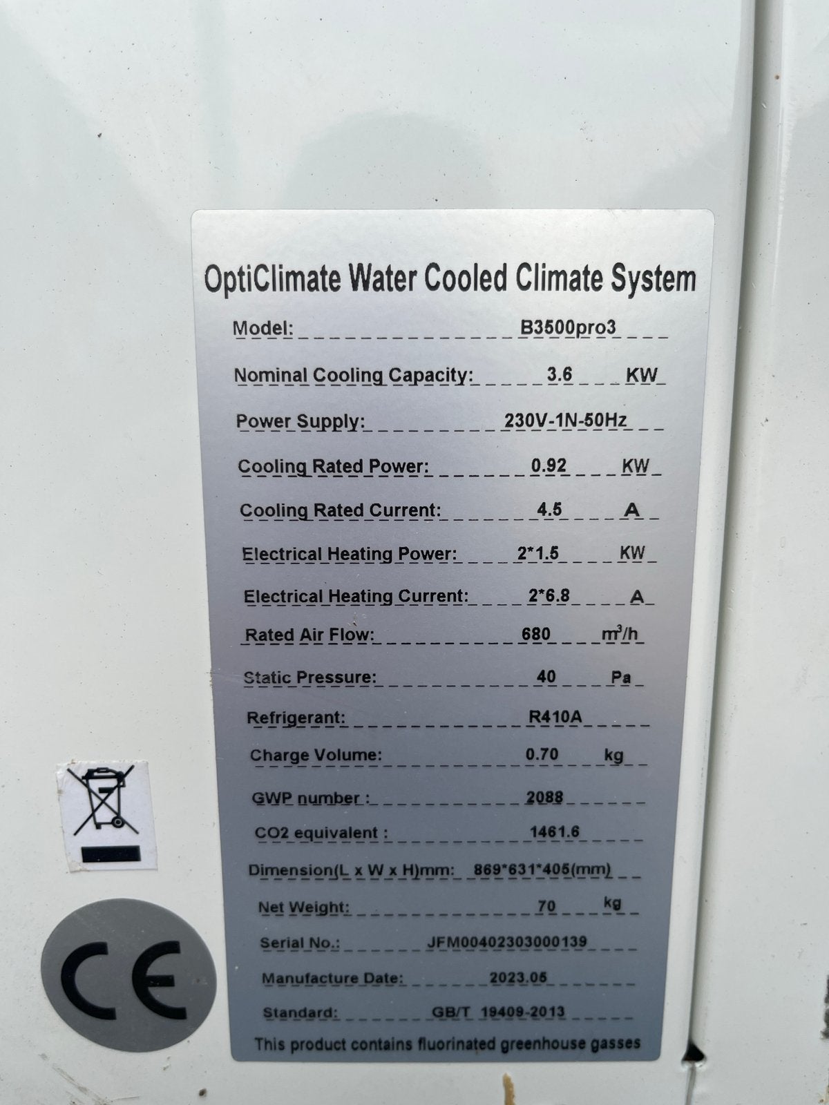 OptiClimate Water Gekoeld Klimaatsysteem B3500pro3, Gebruikt, 3 snelheden of meer, Ophalen of Verzenden, Koelen en Ontvochtigen