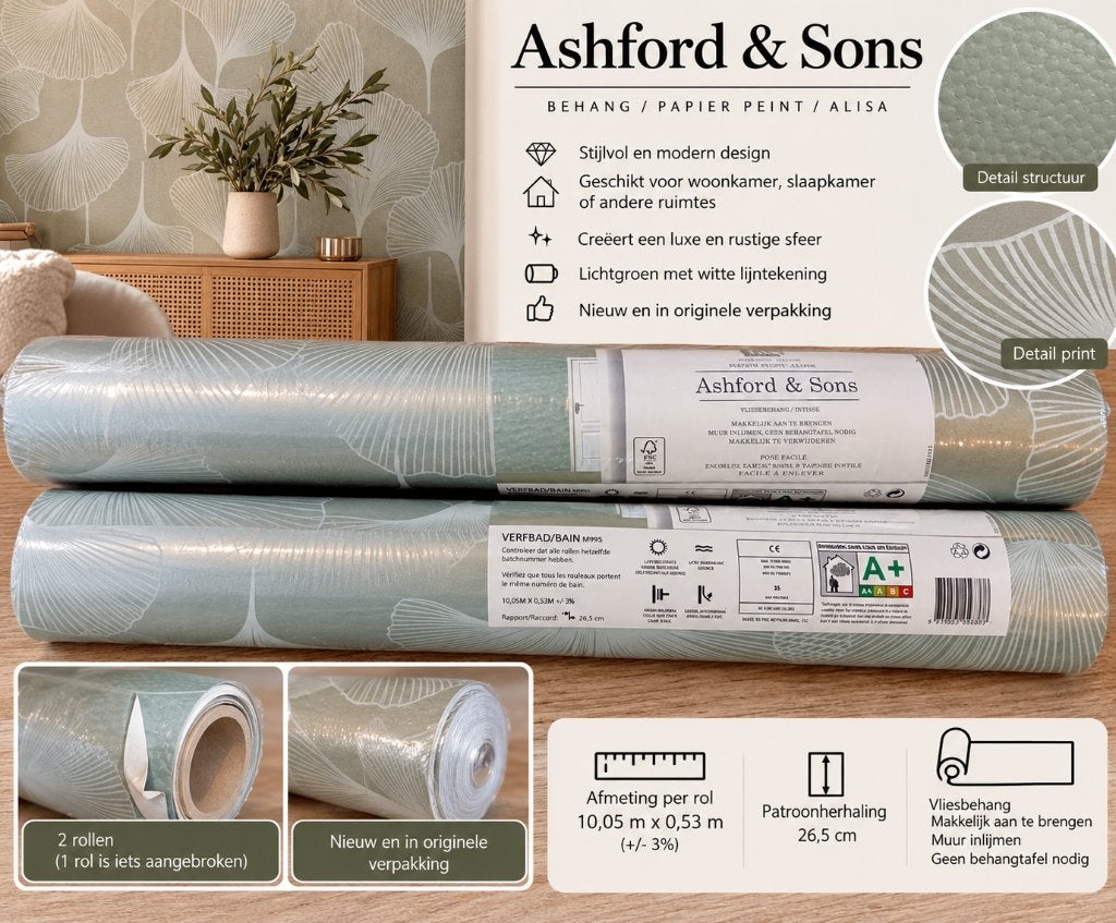 3 rollen luxe Ashford & Sons Alisa vliesbehang – zacht groen, Bladeren, Overige merken, Ophalen of Verzenden, Groen