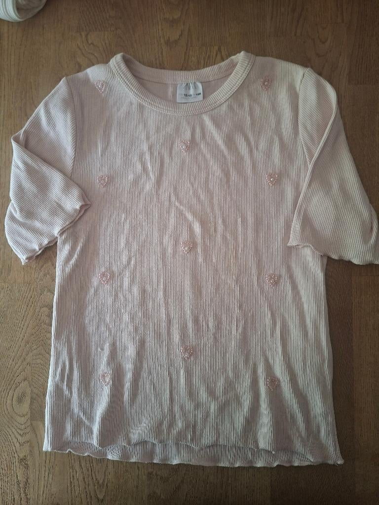 Zara T-shirt roze ribstof parel hartjes maat 158, Anneonline, Steenbergen, Gebruikt, Meisje