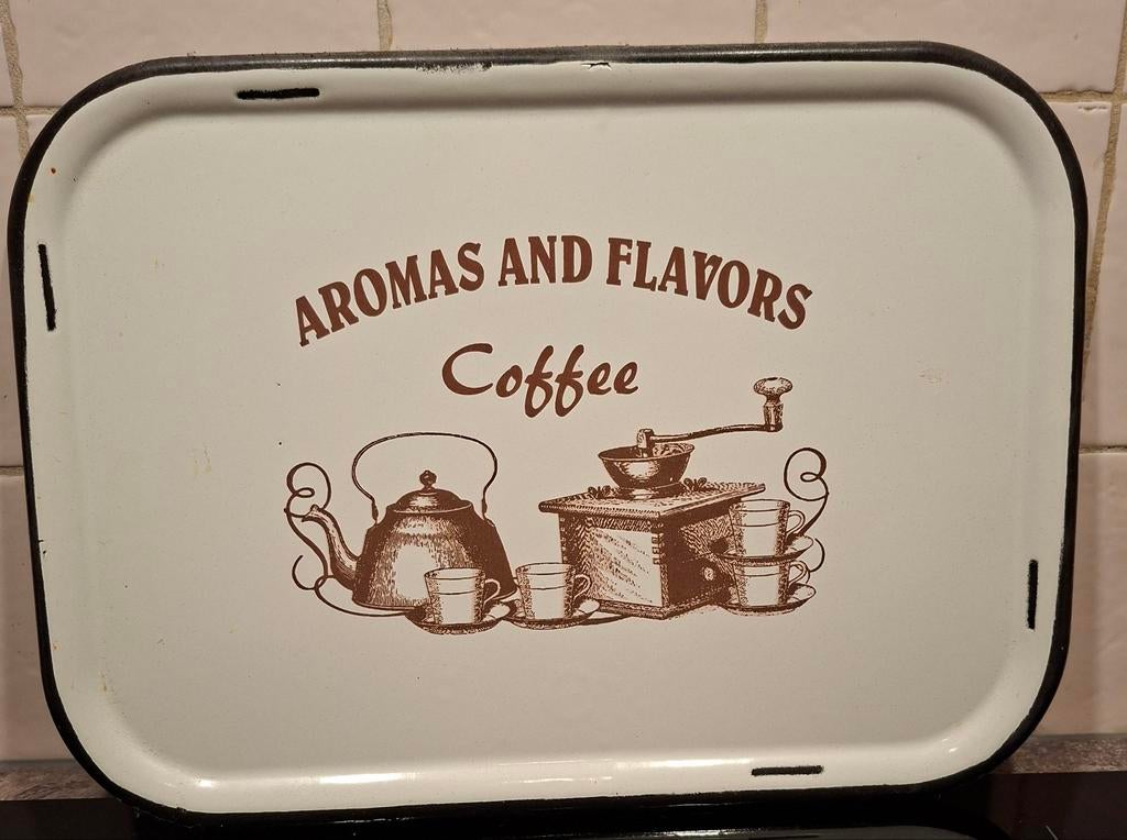 Vintage emaille dienblad met koffie-opdruk, Ophalen of Verzenden