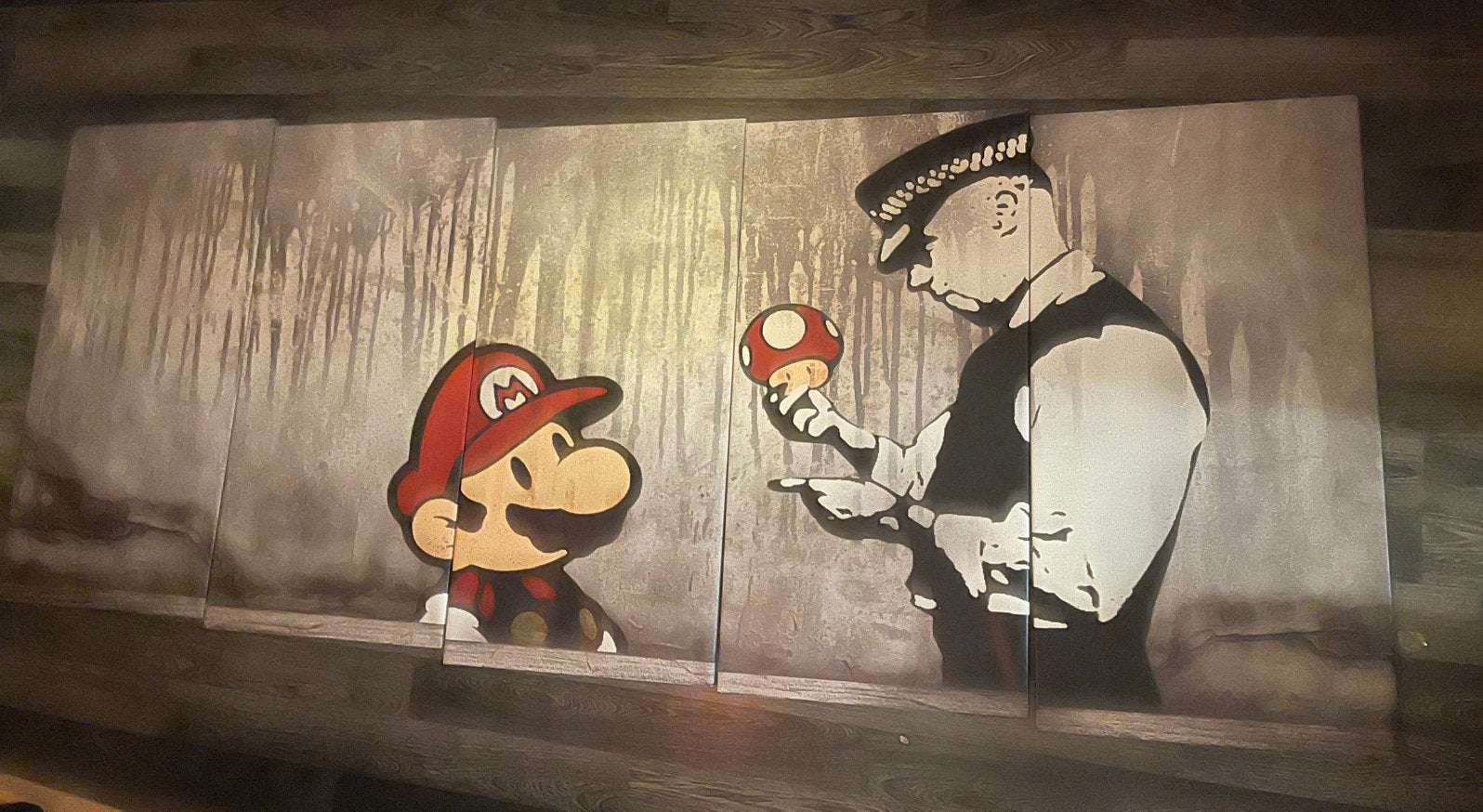 Mario schilderij | Banksy met paddenstoel en politie, Ophalen