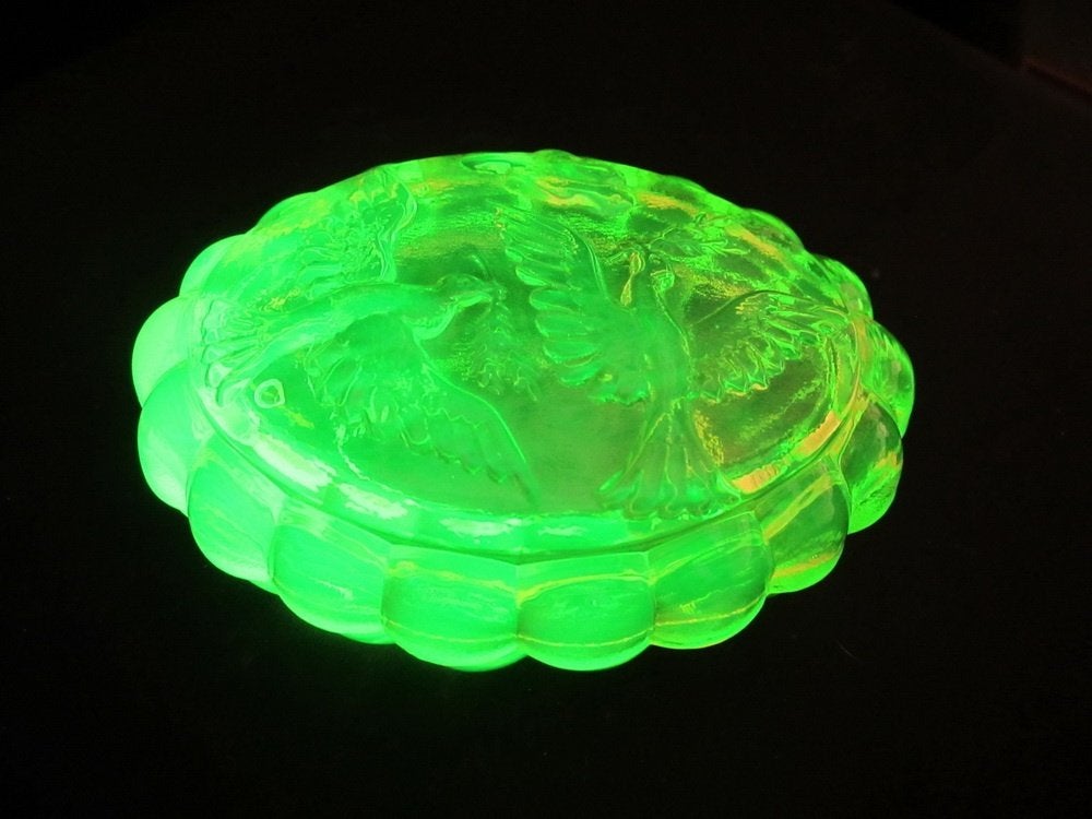Antieke art deco uranium vaseline glazen bonbonnière duiven, Antiek en Kunst, Verzenden