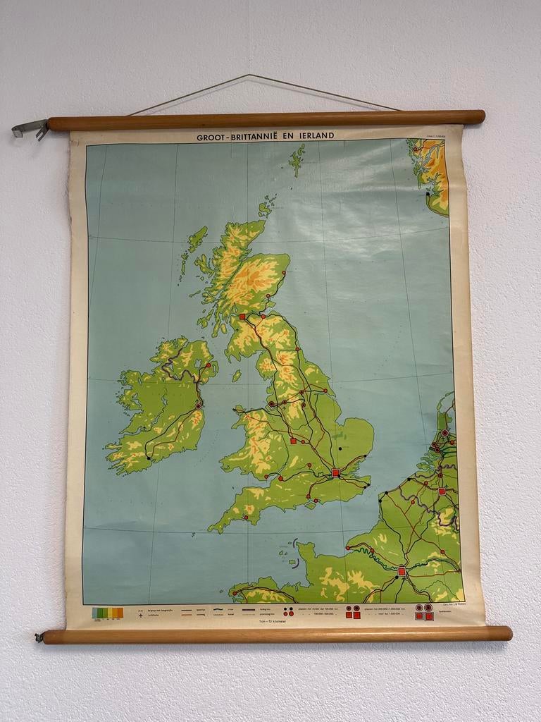 Vintage schoolplaat Groot-Brittannië en Ierland, Boeken, Atlassen en Landkaarten, Verenigd Koninkrijk, Landkaart, 1800 tot 2000