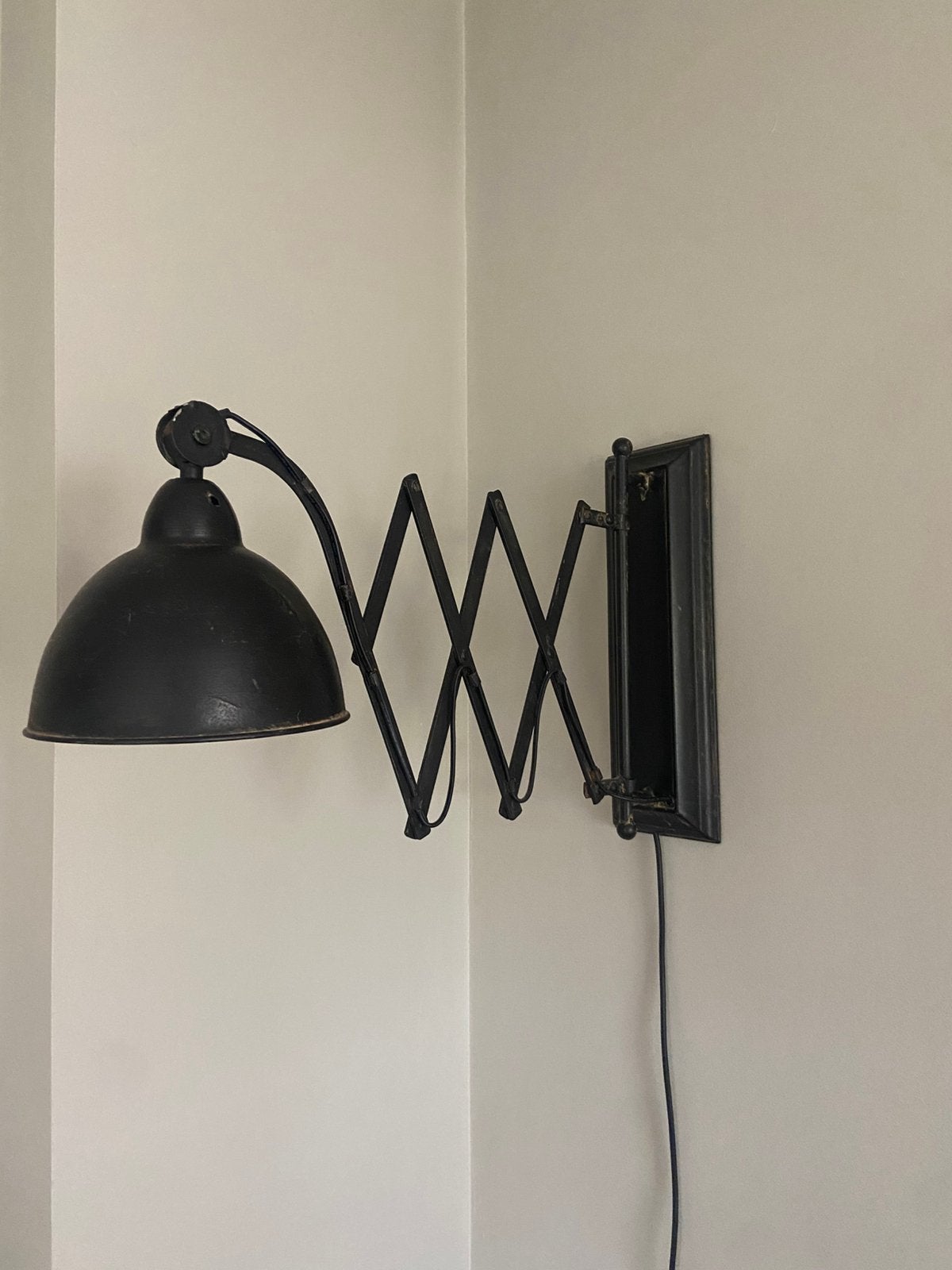 Brocante* industrieële schaarlamp, Met snoer/stekker, Gebruikt, Zwart, Ophalen of Verzenden