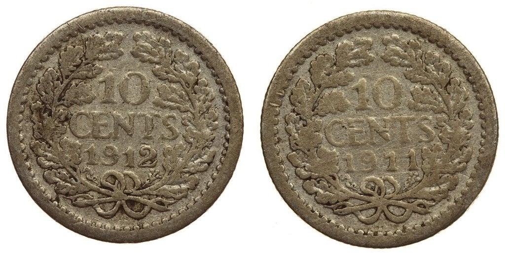 Wilhelmina - 2 x oude 10 cent zilver 1911 en 1912 fr+ (6499, Postzegels en Munten, Munten | Nederland, Setje, Zilver, Ophalen of Verzenden