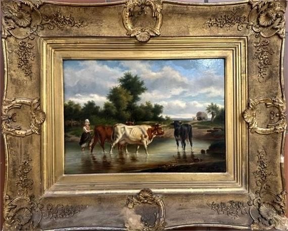 Olieverf Schilderij Dirk van Lokhorst eiken paneel, Antiek en Kunst, Paneel, Dieren, Ophalen of Verzenden, Gesigneerd