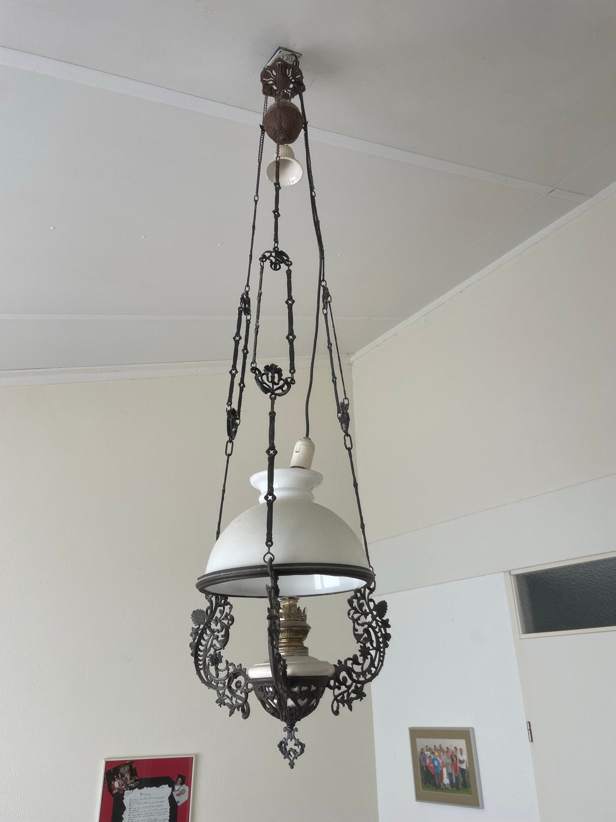 Antieke hanglamp met katrolsysteem, Ophalen of Verzenden