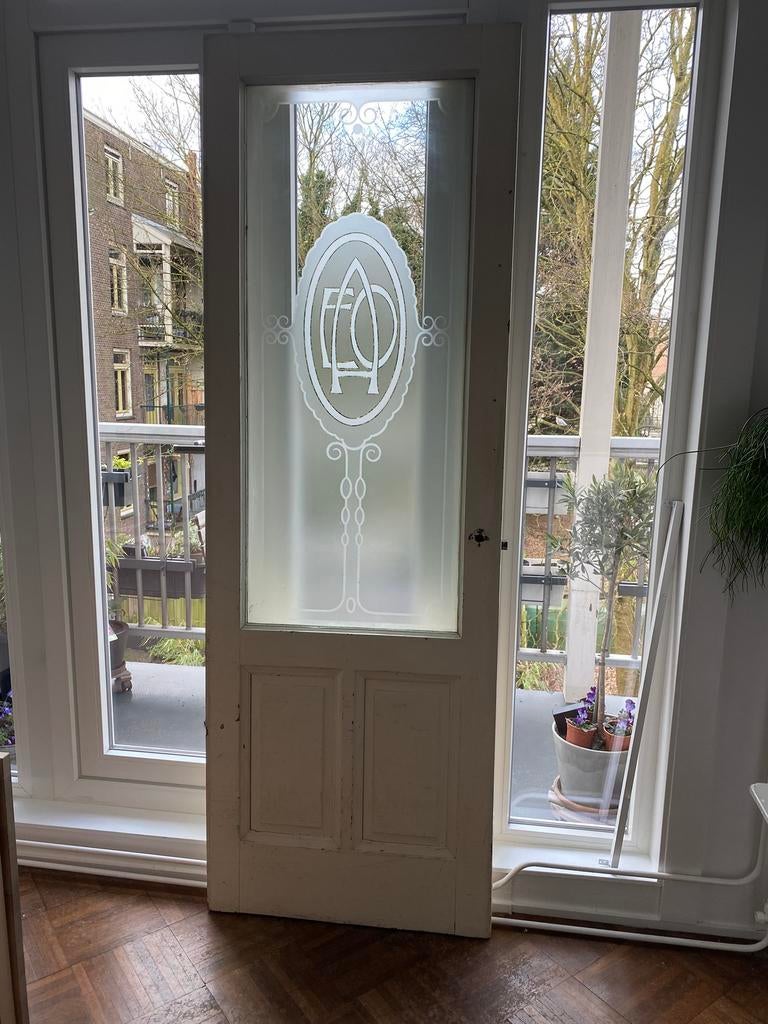 Antieke paneeldeur geëtst en gezandstraald glas, Ophalen, Zo goed als nieuw, Glas, Binnendeur