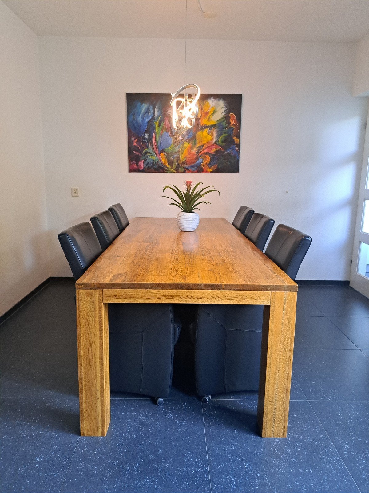 Complete eethoek – eikenhouten tafel met 6 leren stoelen, Huis en Inrichting, Ophalen, Eikenhout, 200 cm of meer, 50 tot 100 cm
