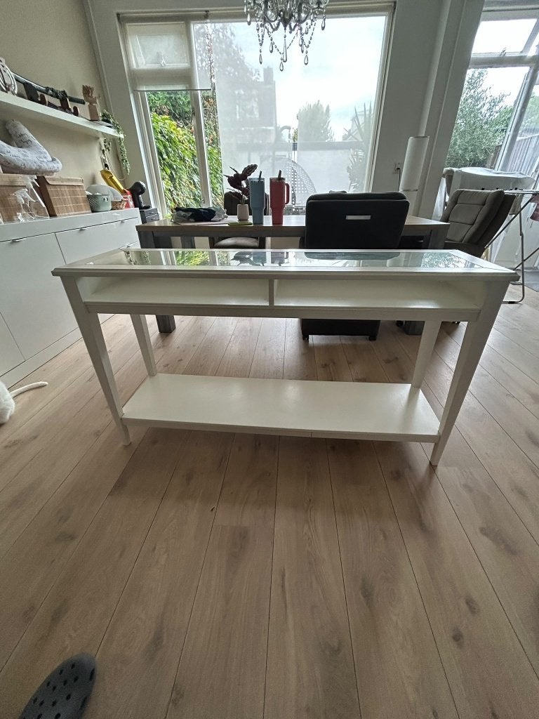 Witte Sidetable / Consoletafel met Glazen Blad en Lades, Huis en Inrichting, Ophalen, 100 tot 150 cm, Zo goed als nieuw, 25 tot 50 cm