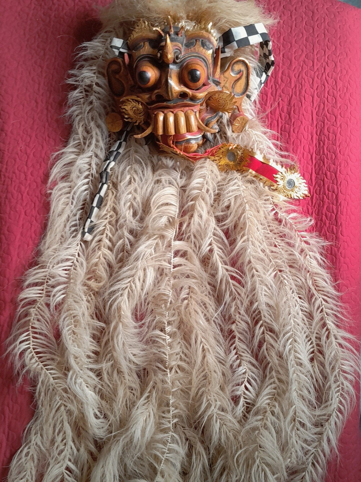 Indonesisch Barong masker met veren, handgemaakt, 140 cm, Indonesië, Ritueel object, Hout