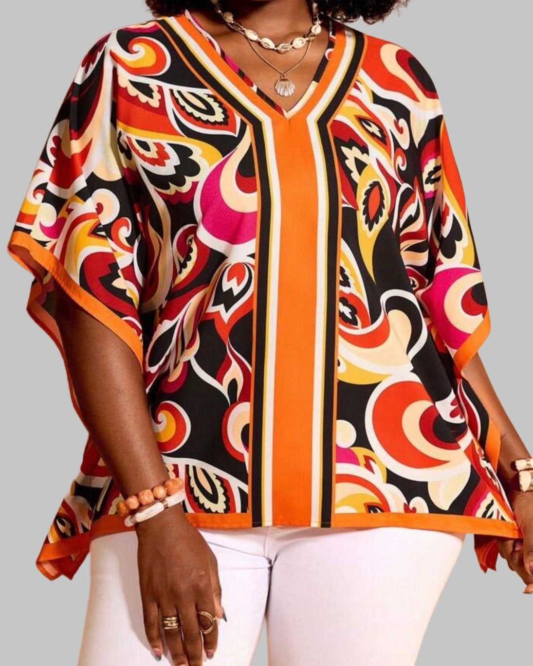 Kleurrijke Kaftan Top met V-hals en Print (46-54), Kleding | Dames, Grote Maten, Verzenden, Nieuw, Meerkleurig, Blouse of Tuniek