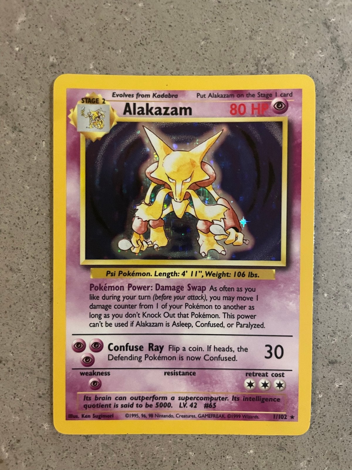 Nieuw; Alakazam Pokémon kaart (1/102) - Base Set, Hobby en Vrije tijd, Ophalen of Verzenden, Zo goed als nieuw, Losse kaart, Foil