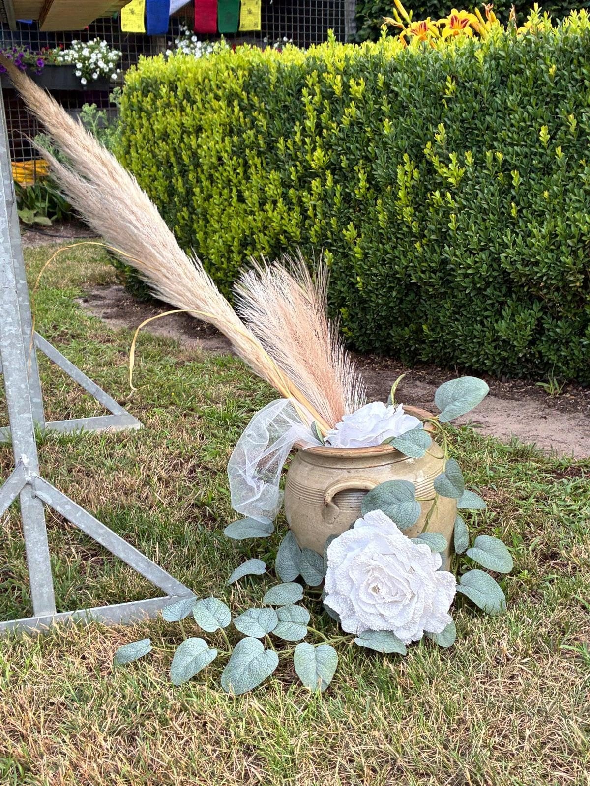 3 brocante Keulse potten met bloemdecoratie, Ophalen, Zo goed als nieuw