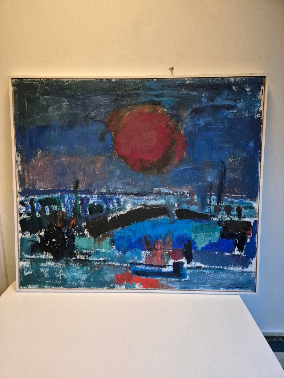 Olieverfschilderij "Landschap met boot" door Rinny Reulink, Ophalen of Verzenden