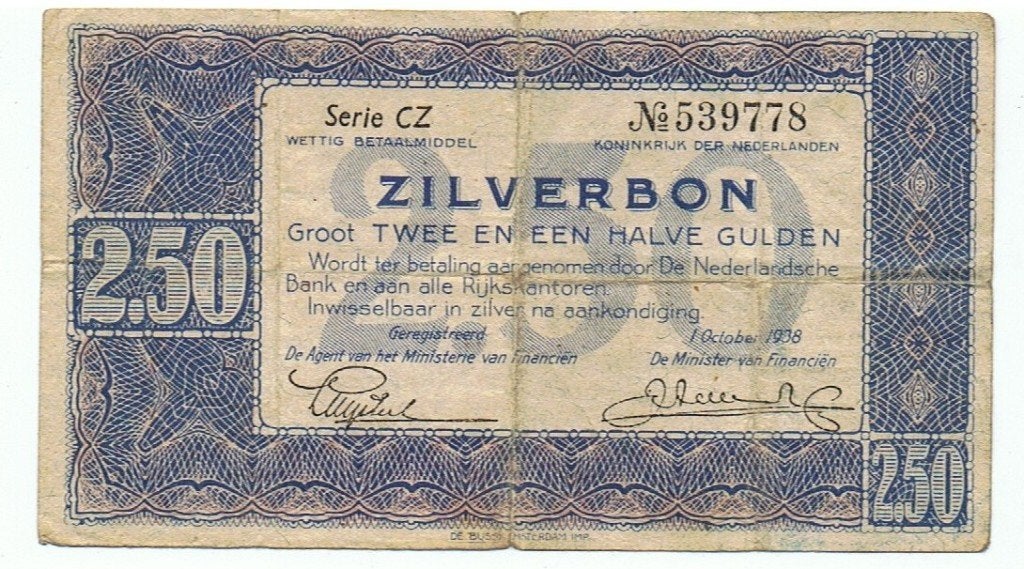 bankbiljet twee en een halve gulden  21/2  gulden 1938 K 410, Postzegels en Munten, Ophalen of Verzenden, 25 gulden, Los biljet