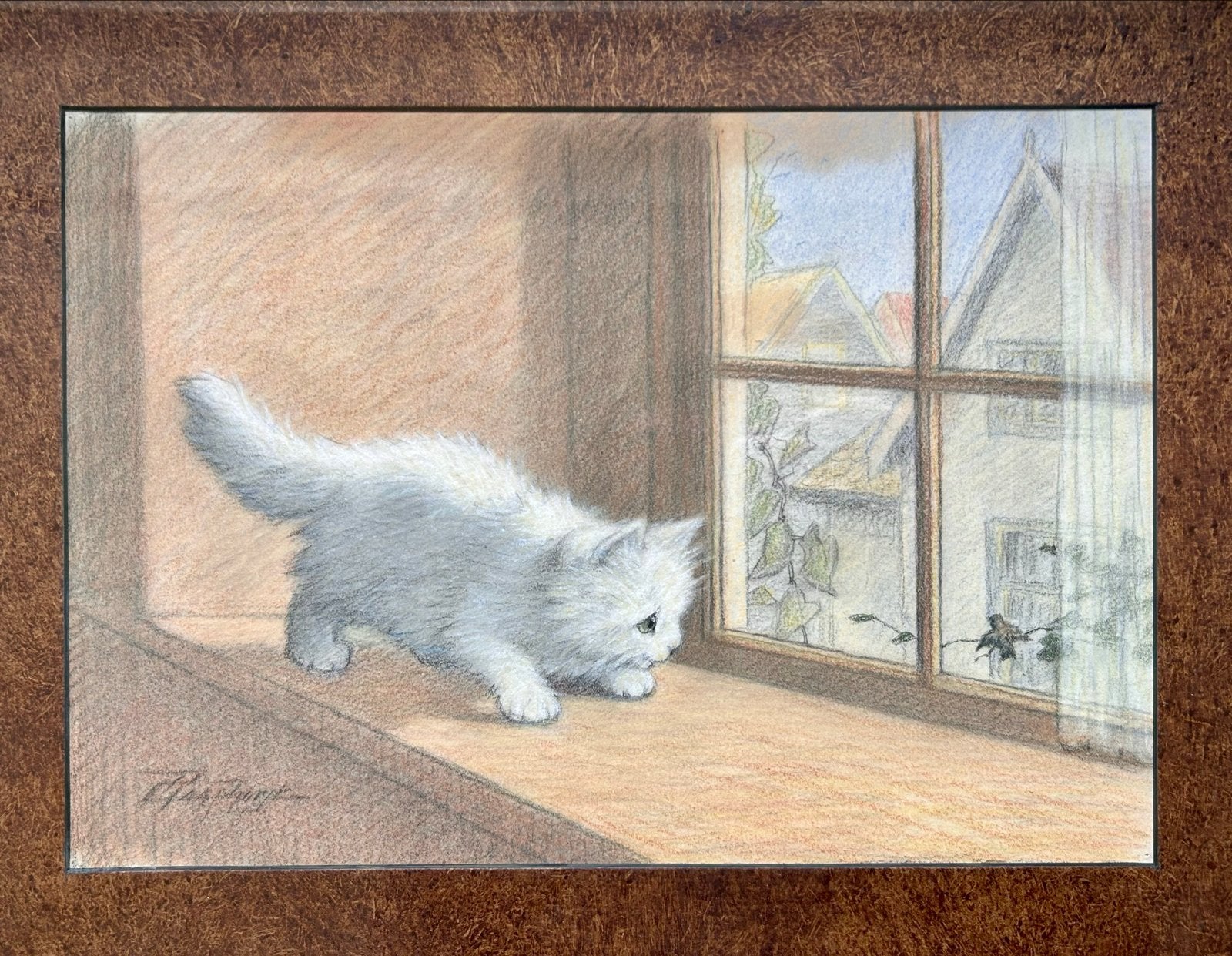 Cornelis Raaphorst 1875-1954 - Kitten in raamkozijn, Achter glas, Realistisch, Dieren, Ophalen of Verzenden