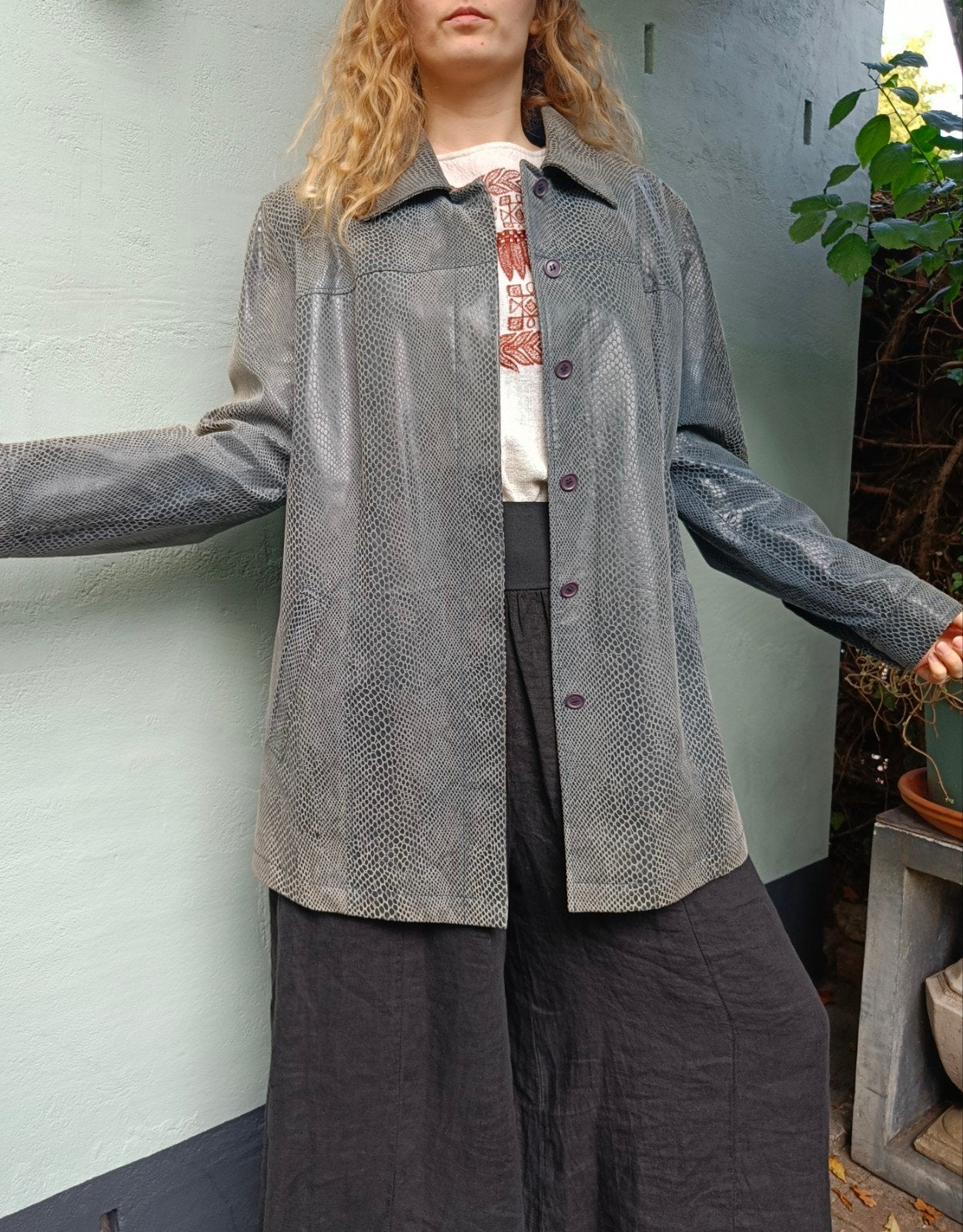 vintage leren slangen print motief jas grijs maat M L XL, Maat 42/44 (L), Ophalen of Verzenden, Zo goed als nieuw, Vintage