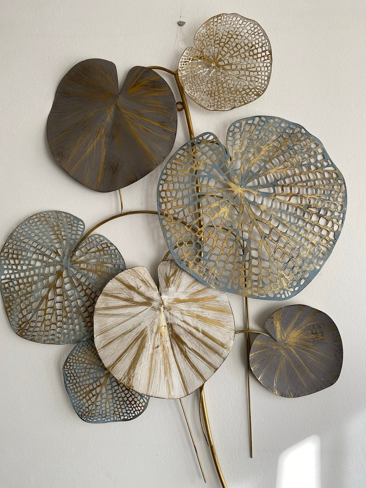 Muurdecoratie Bladeren - Taupe, Turquoise, goud en beige, Ophalen, Metaal, Wandsculptuur, Meerkleurig
