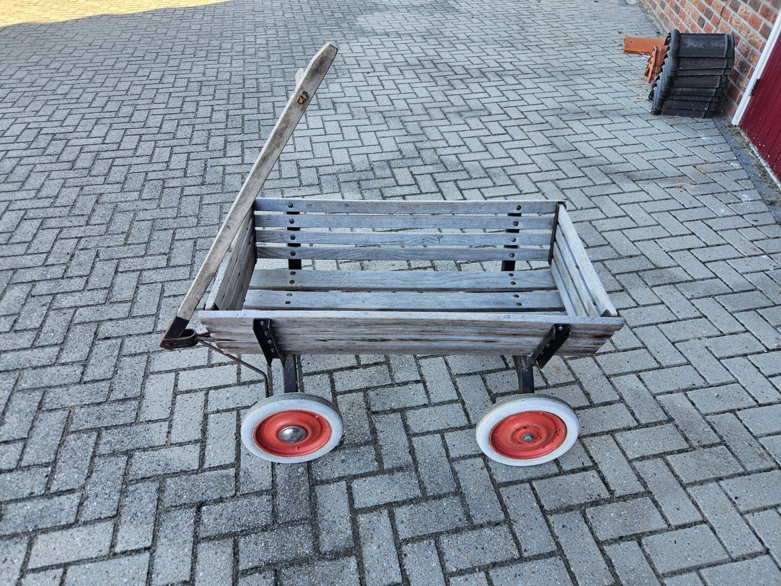 Houten bolderkar met rode wielen, Ophalen of Verzenden, Gebruikt
