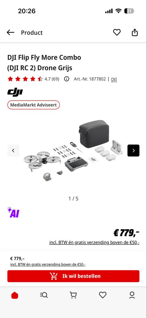 DJI Flip Fly More Combo (DJI RC 2) – Compleet, Audio, Tv en Foto, Drones, 30 tot 45 minuten, Cameradrone, Extra accu('s), 5 tot 10 kilometer