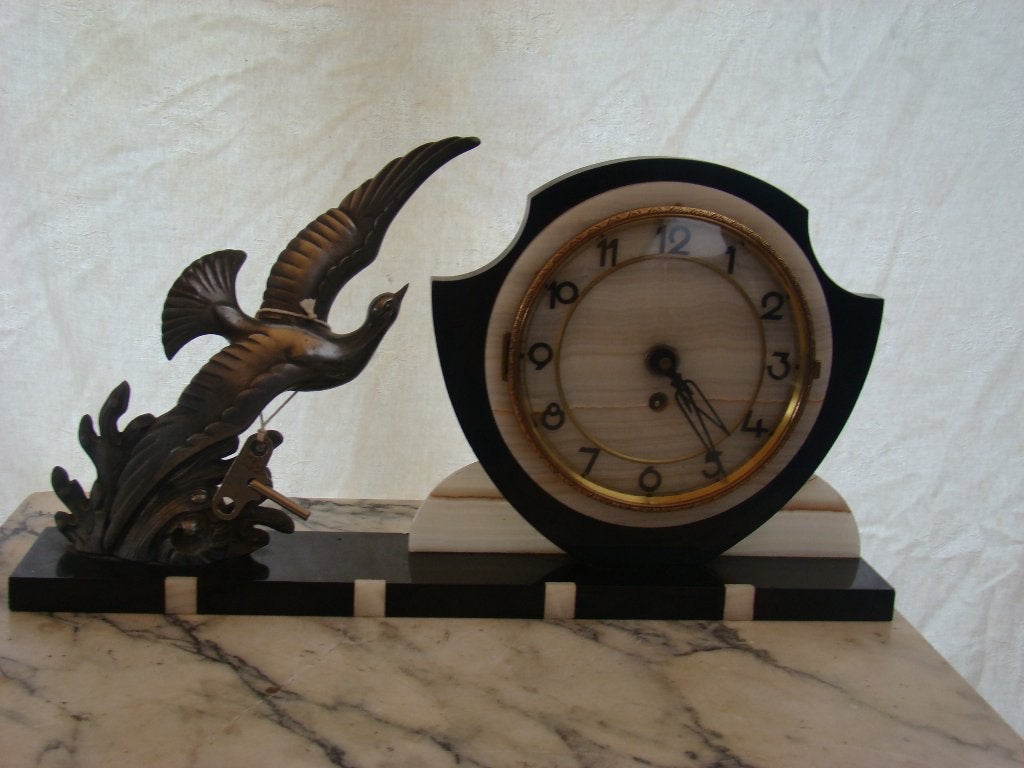 Art Deco marmeren klok met  een vogel, Ophalen of Verzenden