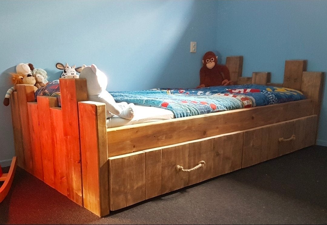 steigerhouten bed met opberglades (90x200), Huis en Inrichting, Slaapkamer | Bedden, Ophalen, 90 cm, Eenpersoons, Steigerhout