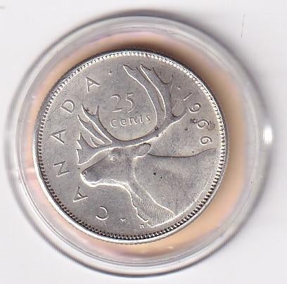 Canada 25 Cents 1966 met randtikje, Verzenden, Noord-Amerika, Losse munt, Zilver