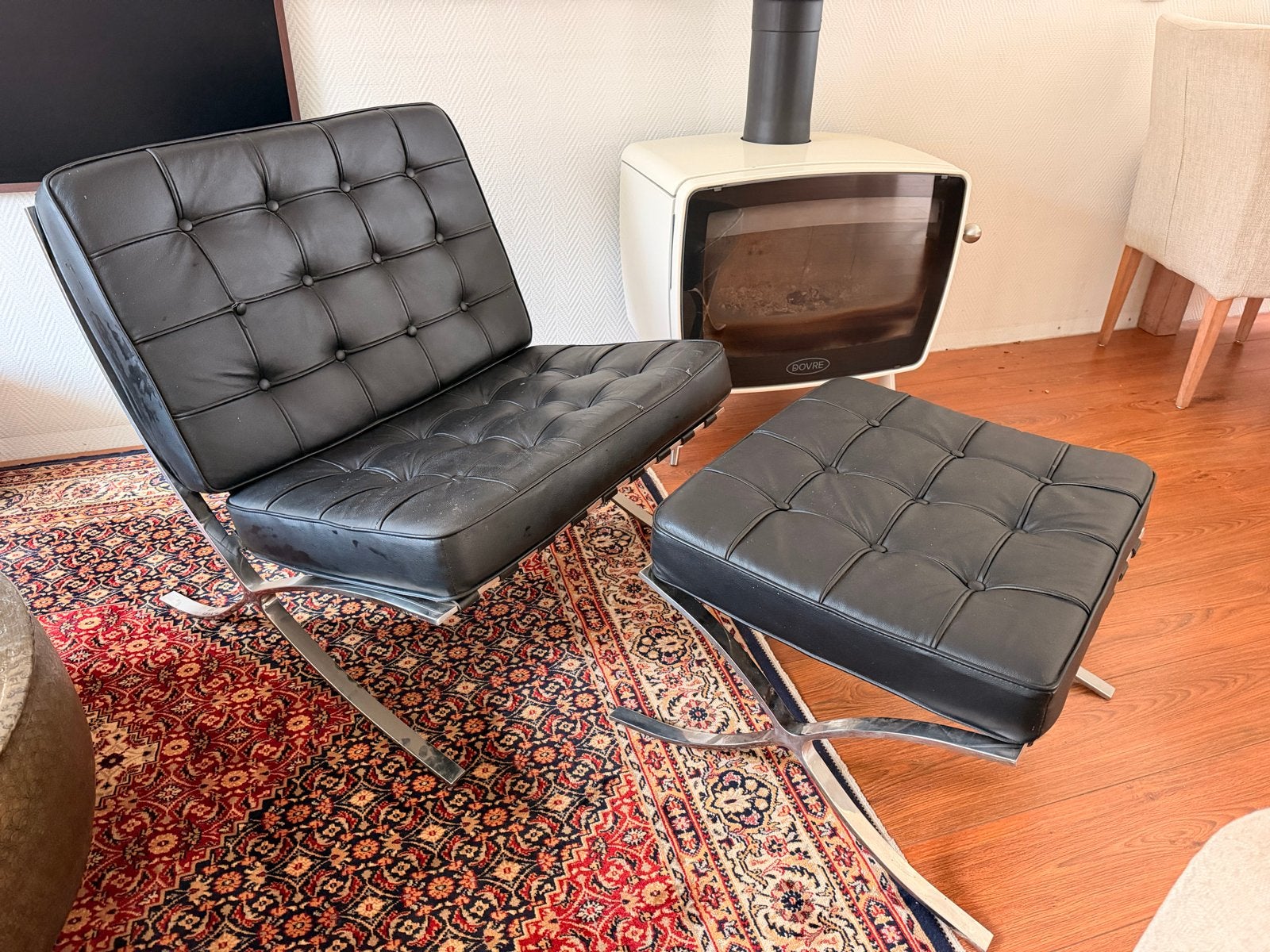 Barcelona stoel replica met hocker - Zwart leer, Ophalen, Gebruikt, Zwart, Leer