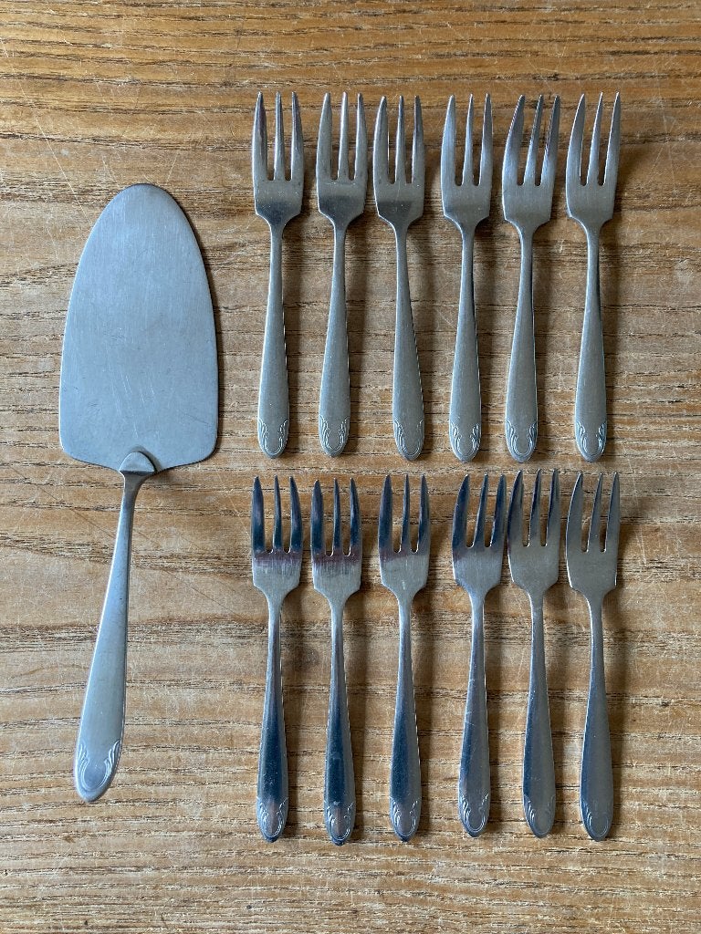 12 Vintage Gero Zilmeta 507 Polka gebaksvorkjes + taartschep, Ophalen of Verzenden
