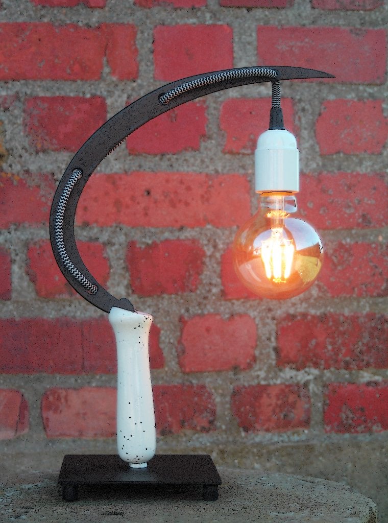retro vintage upcycled mancave sikkel lamp, Ophalen of Verzenden, Zo goed als nieuw, Minder dan 50 cm