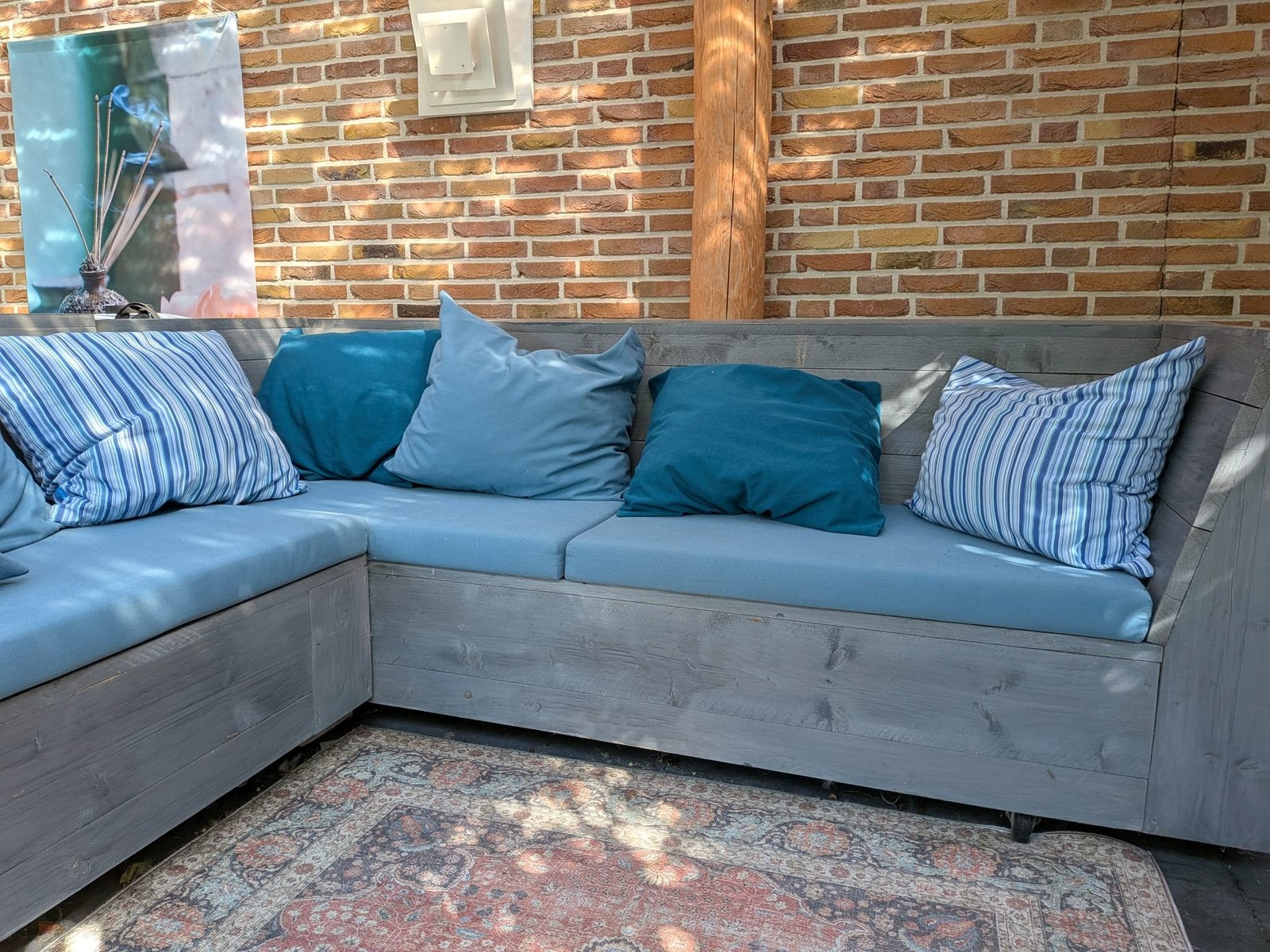 Verrijdbare steigerhouten loungebank met kussens, Tuin en Terras, Ophalen, Gebruikt, Hout