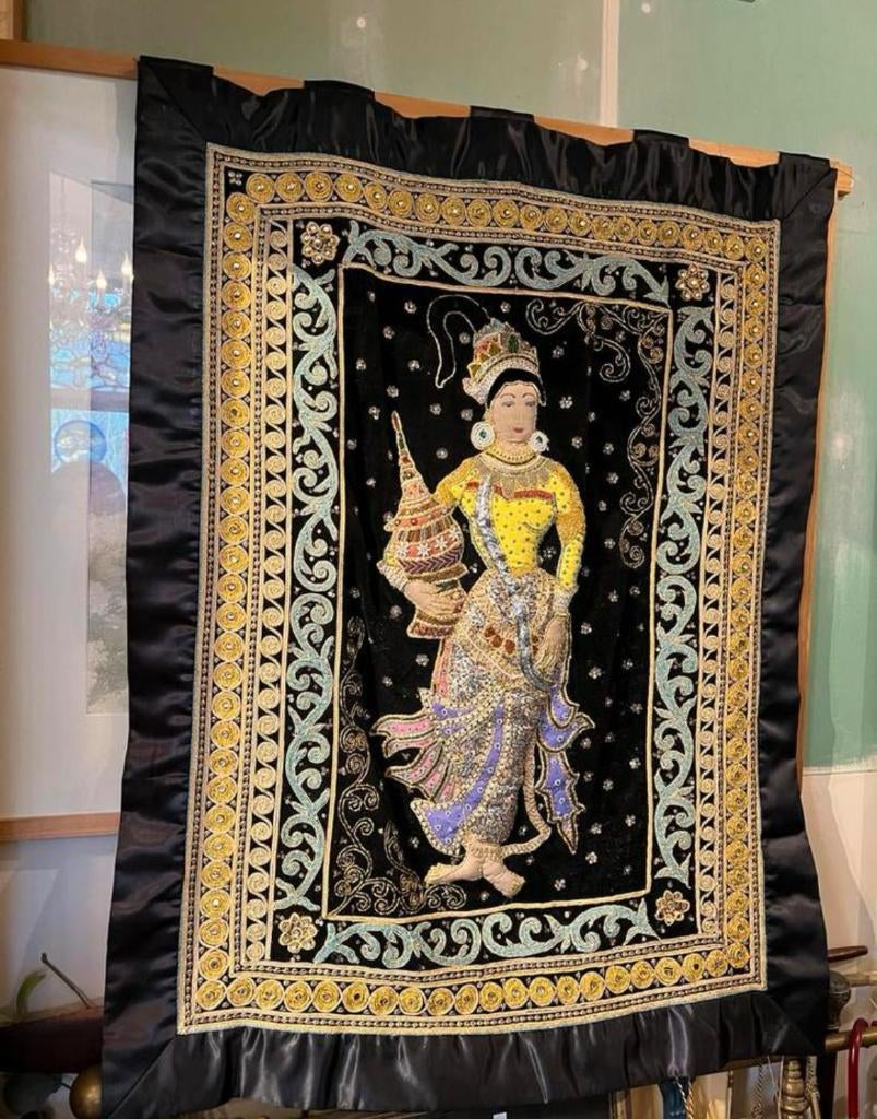 Groot handgemaakt wandkleed, geborduurd, Kalaga, Birma, Antiek en Kunst, Ophalen of Verzenden