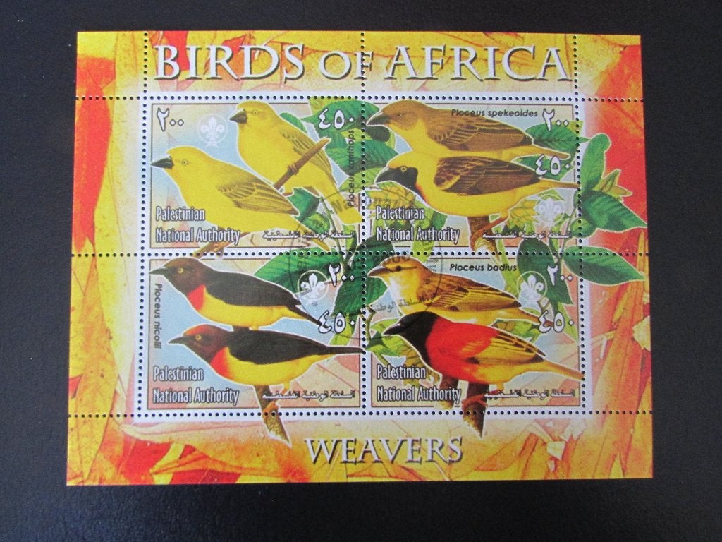 Postzegel Vogel: Vel met 4 Wevervogels uit Palestina, Ophalen of Verzenden, Gestempeld, Dier of Natuur
