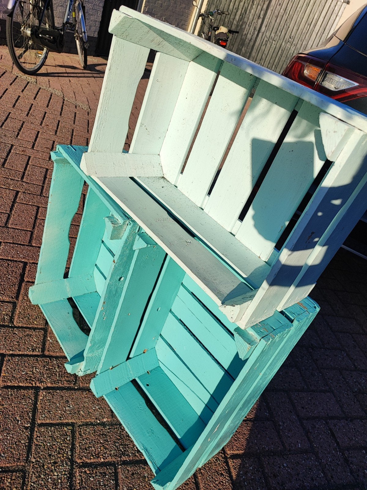 9 blauw geschilderde aardappelkistjes, Ophalen, Gebruikt, 40 tot 60 cm, 50 tot 75 cm