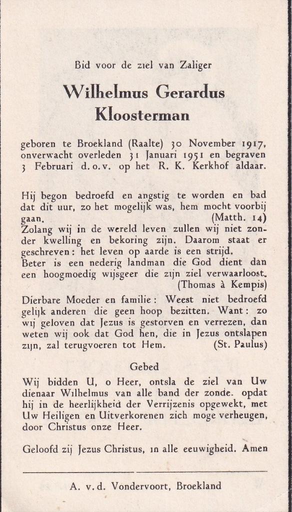Kloosterman 1917 Wilhelmus Broekland 1951, Verzamelen, Bidprentjes en Rouwkaarten, Ophalen of Verzenden, Bidprentje