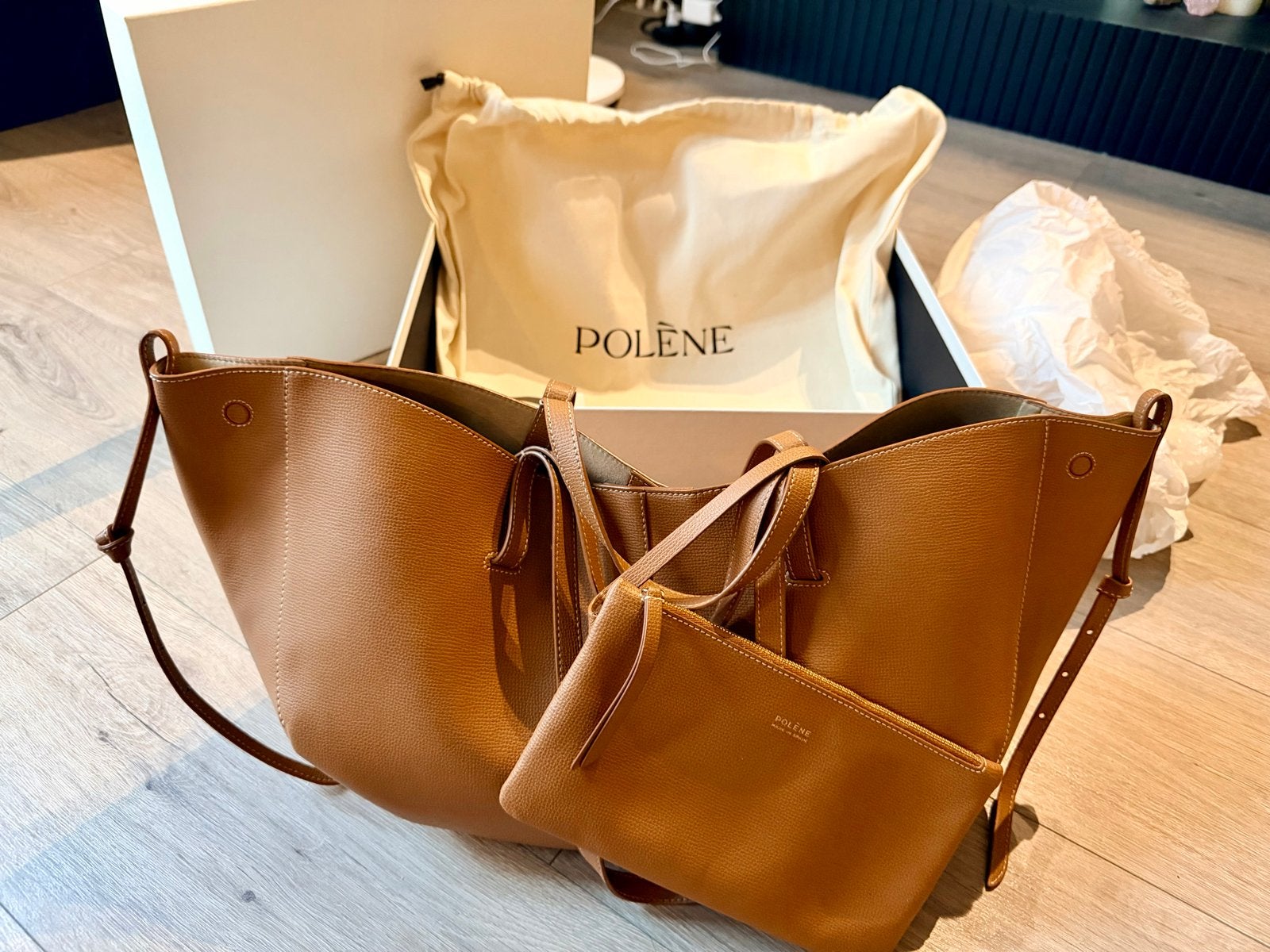 Polene Cyme Tote Bag Leer Camel - Grote Maat, Ophalen of Verzenden, Gebruikt, Bruin, Shopper