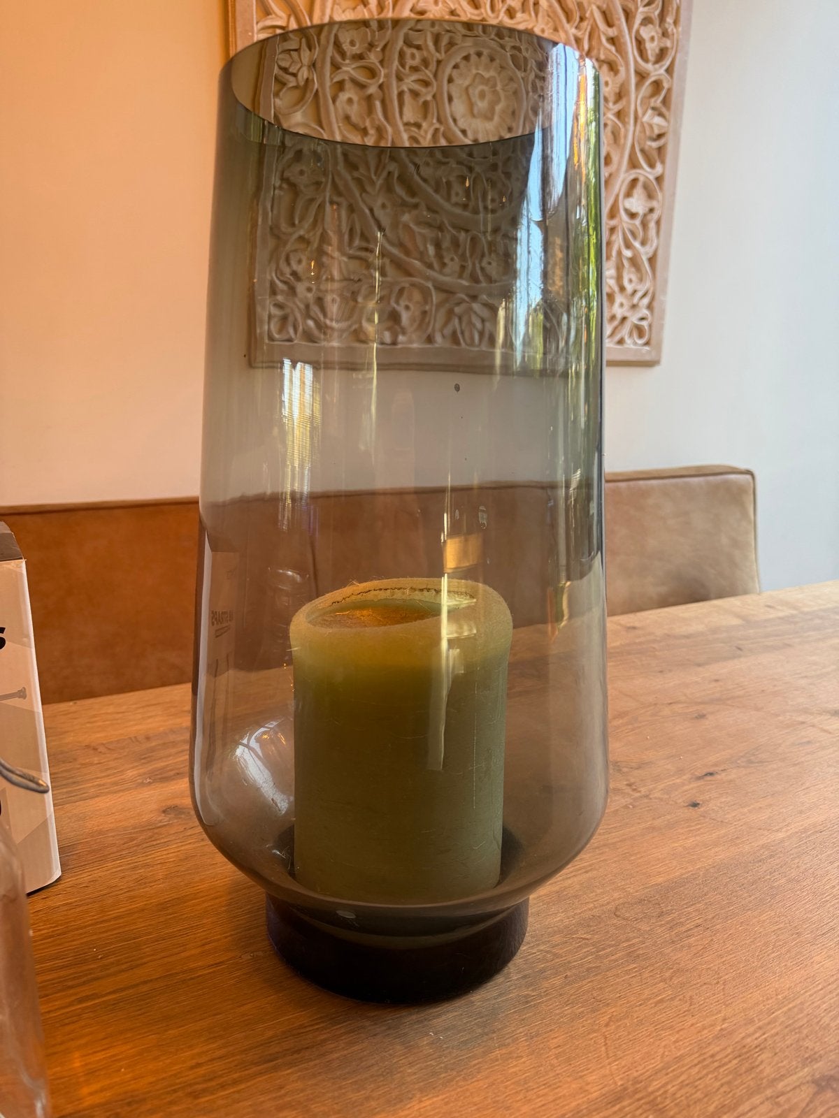 Groene glazen windlicht met kaars - 45x18 cm, Ophalen, Windlicht, Groen, Glas