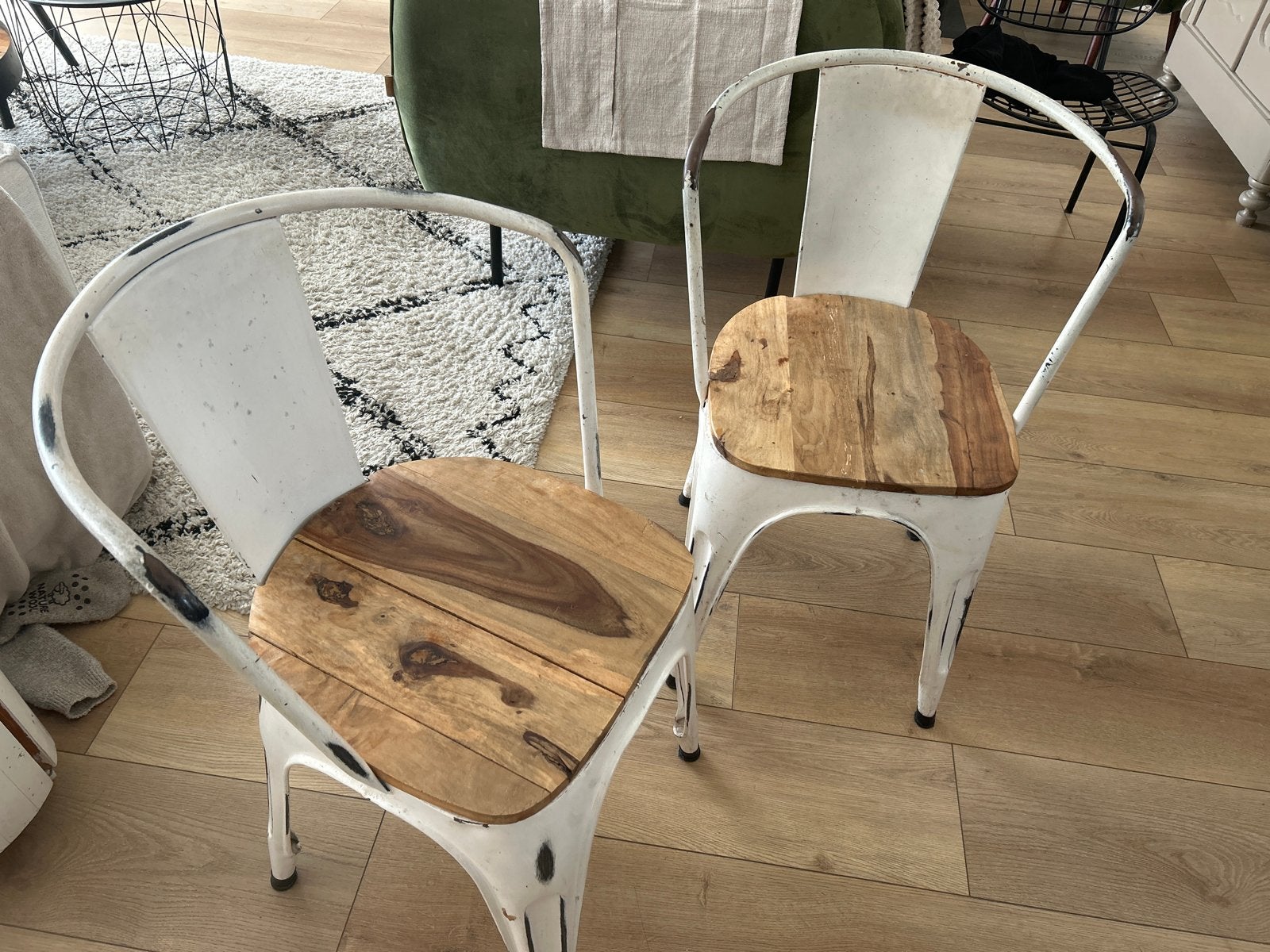 Set van 4 industriële stoelen met houten zitting, Ophalen, Gebruikt, Twee, Wit