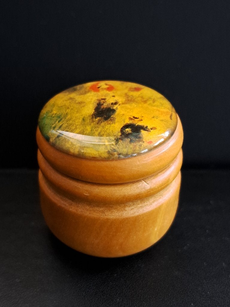 Houten pillendoosje met kleurrijke harsdeksel, Antiek en Kunst, Curiosa en Brocante, Ophalen of Verzenden