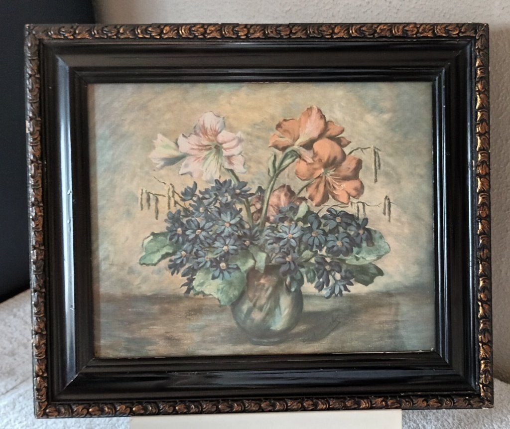 Bloemstilleven in lijst - gesigneerd, Doek, Ingelijst, Olieverf, Klassiek
