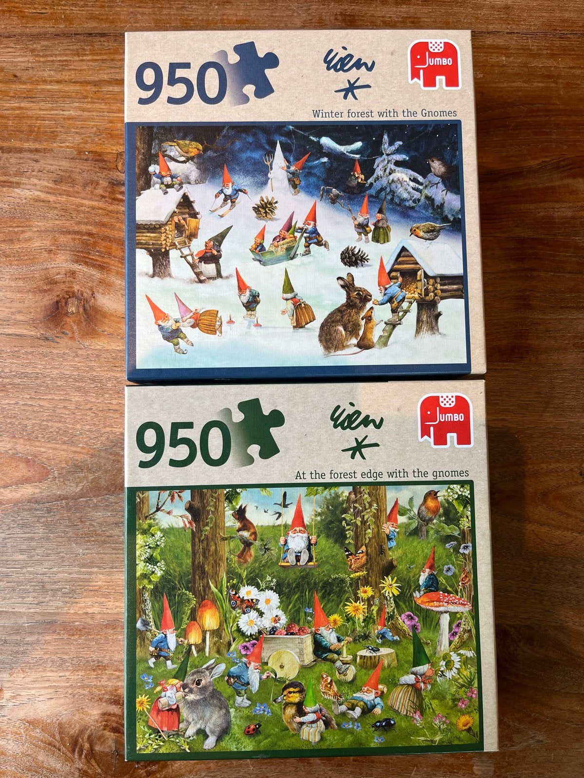 2x Jumbo Rien Poortvliet Puzzels: Bos & Winterbos met kabout, Ophalen of Verzenden, 500 t/m 1500 stukjes, Gebruikt, Legpuzzel