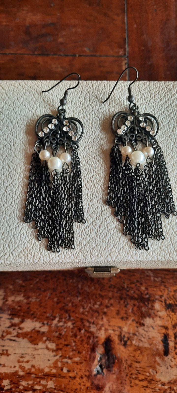 Vintage Victoriaanse oorbellen met parels en kristal, Met kristal, Overige materialen, Zwart, Ophalen of Verzenden