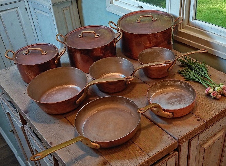 Vintage 8 koper pannen REPPEL new old stock (K20), Huis en Inrichting, Keuken | Potten en Pannen, Nieuw, Pannenset, Overige materialen