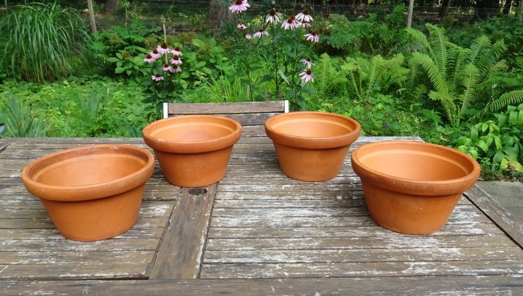 4 terracotta bloempotten., Gebruikt, Rond, Minder dan 40 cm, Terracotta