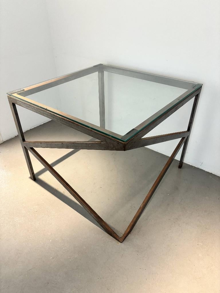 Unieke Glazen Stalen Tafel, Ophalen, Gebruikt, Vierkant, Glas